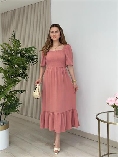 Göğsü Gipeli Kare Yaka Elbise Gül Kurusu