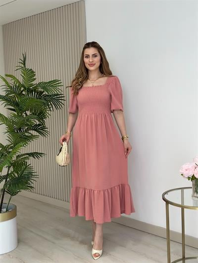 Göğsü Gipeli Kare Yaka Elbise Gül Kurusu