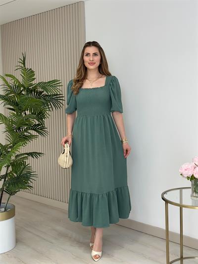 Göğsü Gipeli Kare Yaka Elbise Mint 