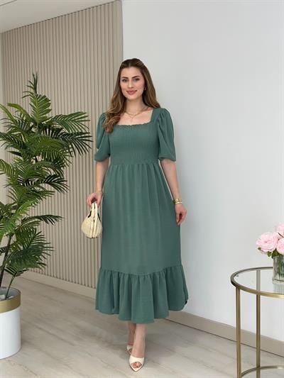 Göğsü Gipeli Kare Yaka Elbise Mint 