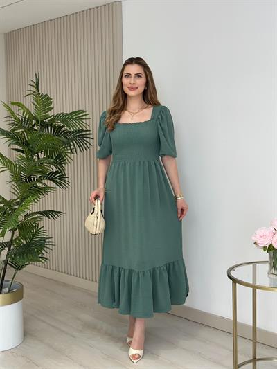 Göğsü Gipeli Kare Yaka Elbise Mint 