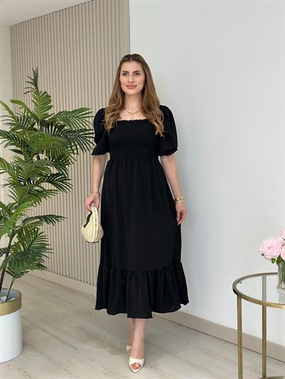 Göğsü Gipeli Kare Yaka Elbise Siyah