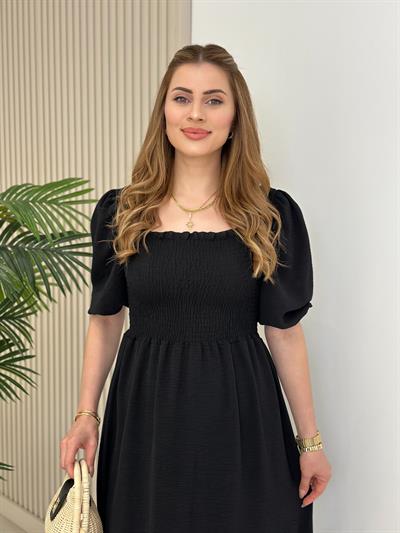 Göğsü Gipeli Kare Yaka Elbise Siyah