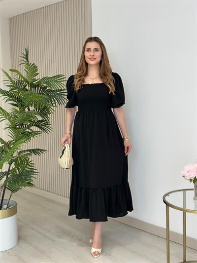 Göğsü Gipeli Kare Yaka Elbise Siyah