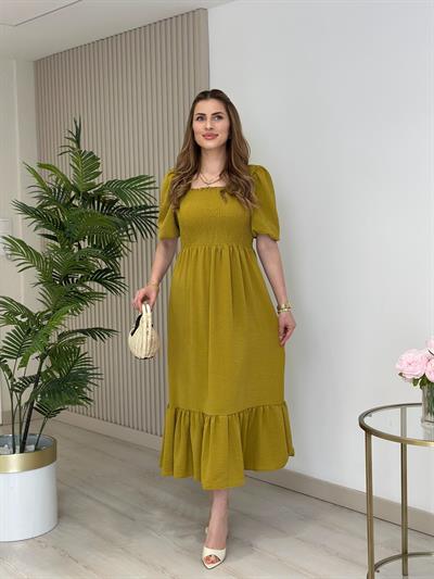 Göğsü Gipeli Kare Yaka Elbise Yağ Yeşili 