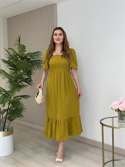 Göğsü Gipeli Kare Yaka Elbise Yağ Yeşili 