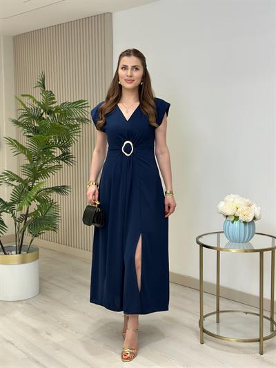 Göğsü Gold Aksesuarlı Vatkalı Elbise Lacivert