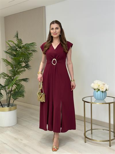 Göğsü Gold Aksesuarlı Vatkalı Elbise Mürdüm