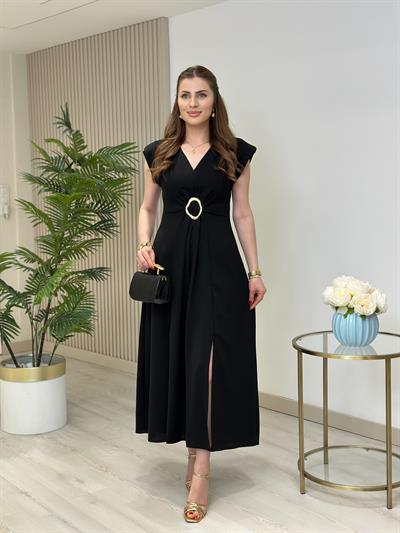 Göğsü Gold Aksesuarlı Vatkalı Elbise Siyah