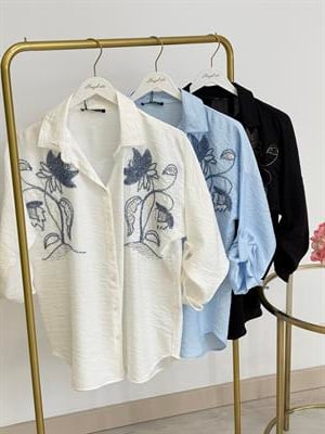 Göğsü Lale Nakışlı Ayrobin Keten Gömlek Siyah