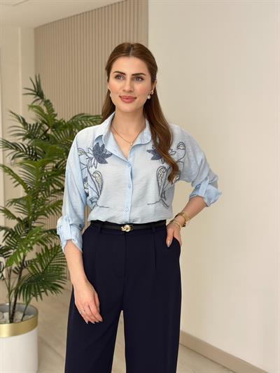 Göğsü Lale Nakışlı Ayrobin Keten Gömlek Bebe Mavi