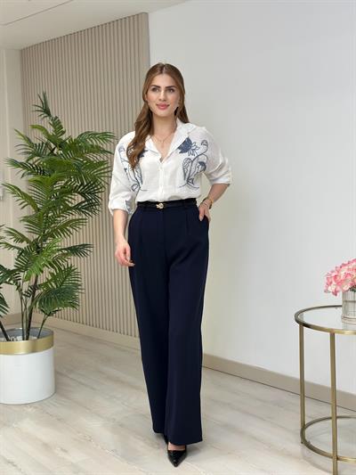 Göğsü Lale Nakışlı Ayrobin Keten Gömlek Beyaz