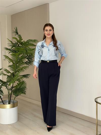 Göğsü Lale Nakışlı Ayrobin Keten Gömlek Bebe Mavi