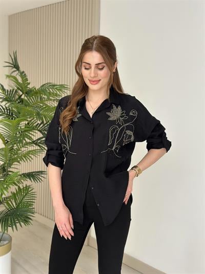 Göğsü Lale Nakışlı Ayrobin Keten Gömlek Siyah