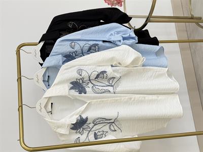 Göğsü Lale Nakışlı Ayrobin Keten Gömlek Bebe Mavi