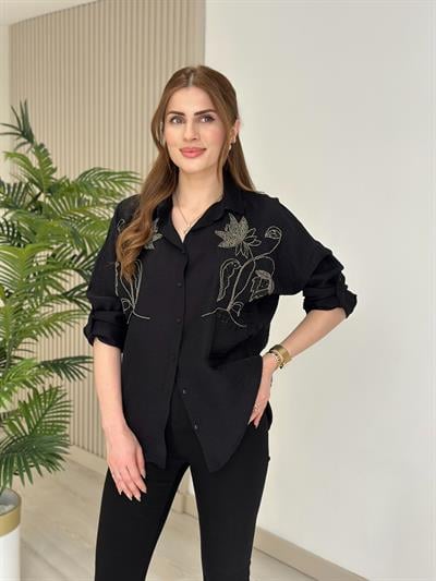 Göğsü Lale Nakışlı Ayrobin Keten Gömlek Siyah