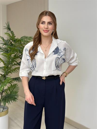 Göğsü Lale Nakışlı Ayrobin Keten Gömlek Beyaz