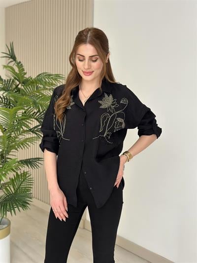 Göğsü Lale Nakışlı Ayrobin Keten Gömlek Siyah