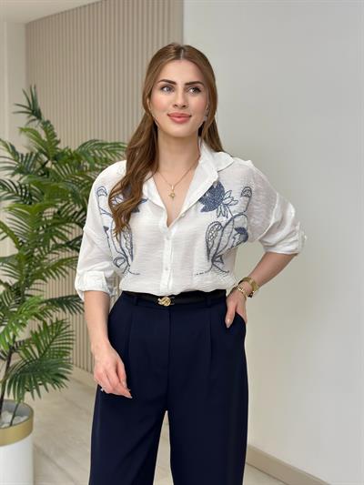 Göğsü Lale Nakışlı Ayrobin Keten Gömlek Beyaz