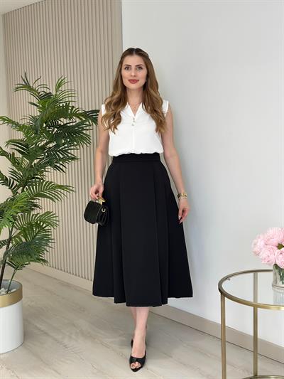 Göğsü Üç Düğmeli Krep Kumaş V Yaka Bluz Beyaz