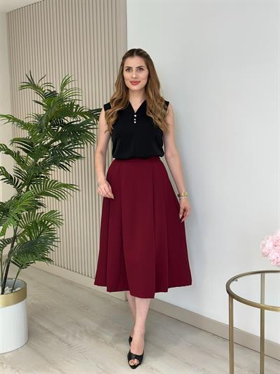 Göğsü Üç Düğmeli Krep Kumaş V Yaka Bluz Siyah