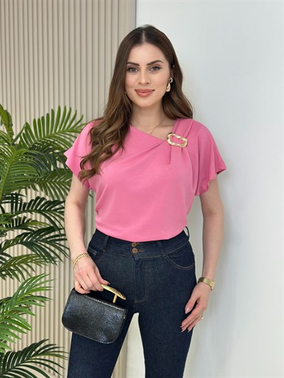 Gold Broşlu Drapeli Modal Kumaş Bluz Pembe