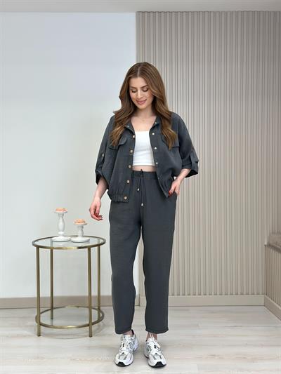 Gold Çıtçıtlı Tensel Kumaş Takım Antrasit