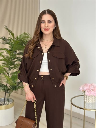 Gold Çıtçıtlı Tensel Kumaş Takım Kahve