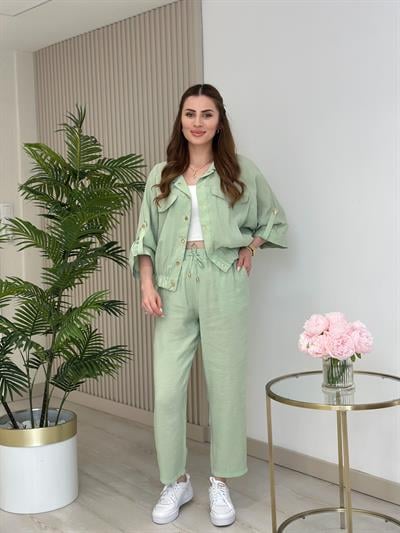 Gold Çıtçıtlı Tensel Kumaş Takım Mint