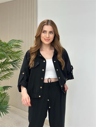 Gold Çıtçıtlı Tensel Kumaş Takım Siyah