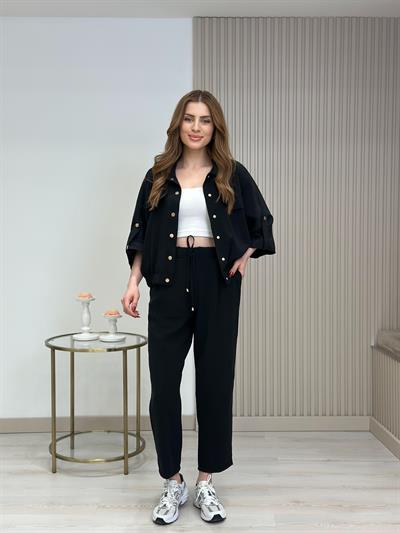 Gold Çıtçıtlı Tensel Kumaş Takım Siyah