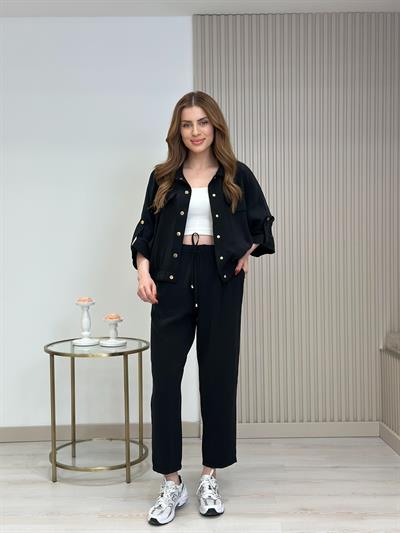 Gold Çıtçıtlı Tensel Kumaş Takım Siyah