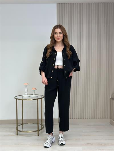 Gold Çıtçıtlı Tensel Kumaş Takım Siyah