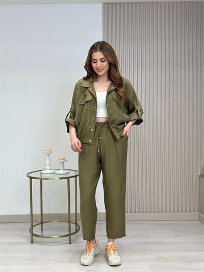 Gold Çıtçıtlı Tensel Kumaş Takım Yeşil