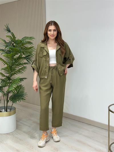 Gold Çıtçıtlı Tensel Kumaş Takım Yeşil