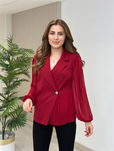 Gold Düğme Detaylı Şifon Piliseli Bluz Bordo