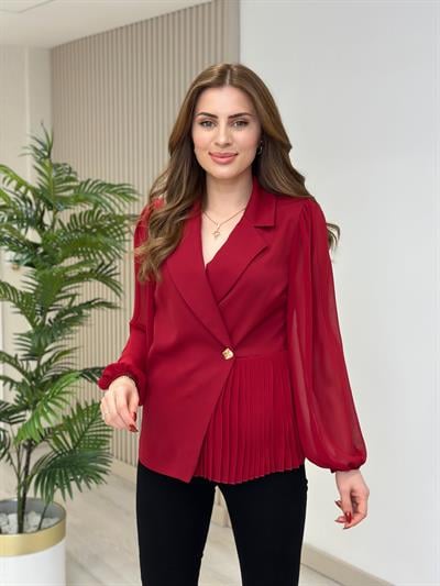 Gold Düğme Detaylı Şifon Piliseli Bluz Bordo