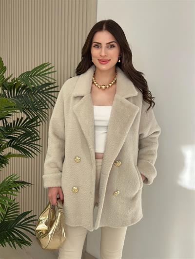 Gold Düğmeli Angora Kaban Bej