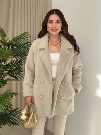 Gold Düğmeli Angora Kaban Bej