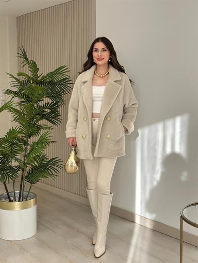 Gold Düğmeli Angora Kaban Bej