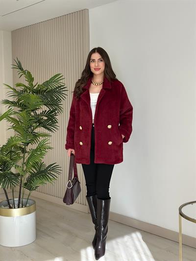 Gold Düğmeli Angora Kaban Bordo