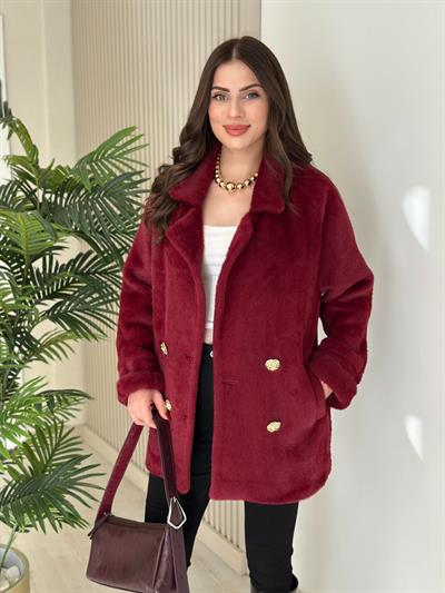 Gold Düğmeli Angora Kaban Bordo