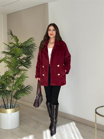 Gold Düğmeli Angora Kaban Bordo