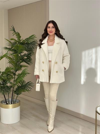 Gold Düğmeli Angora Kaban Ekru