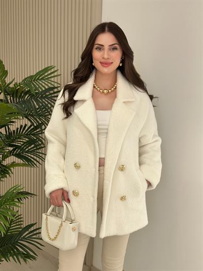 Gold Düğmeli Angora Kaban Ekru