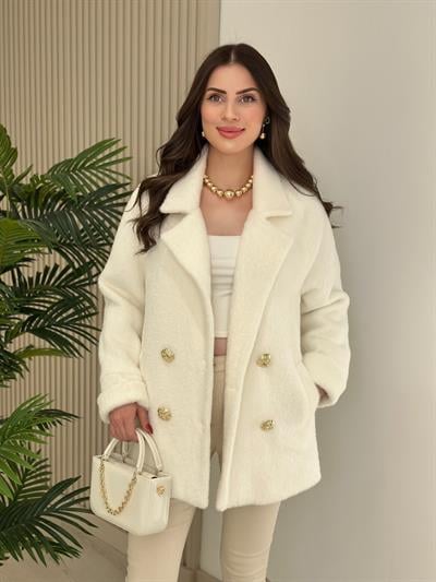 Gold Düğmeli Angora Kaban Ekru