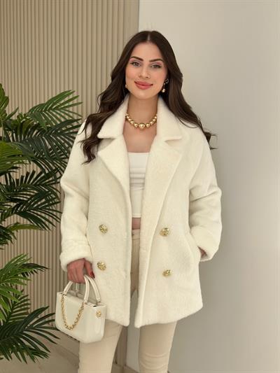 Gold Düğmeli Angora Kaban Ekru