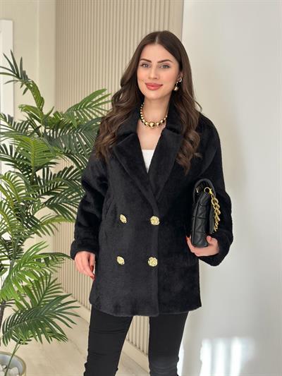 Gold Düğmeli Angora Kaban Siyah