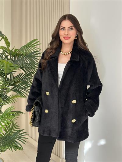 Gold Düğmeli Angora Kaban Siyah