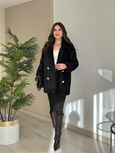 Gold Düğmeli Angora Kaban Siyah